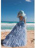 Blue Ruffled Tulle Feather High Low Flower Girl Dress